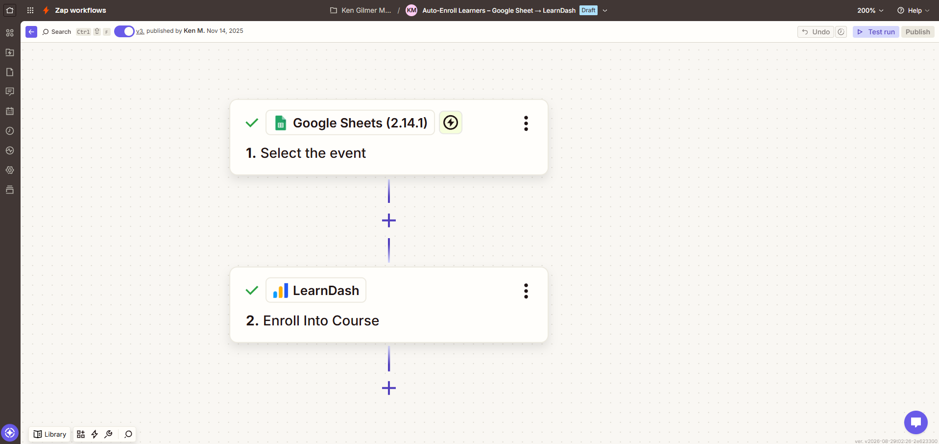 Zapier workflow connecting Google Sheets to LearnDash for automated learner enrollment