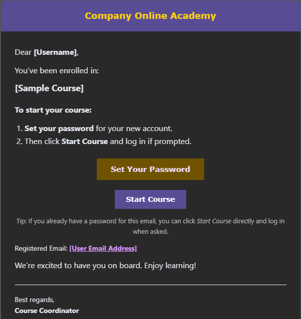Sanitized learner enrollment confirmation email with password setup and course access buttons