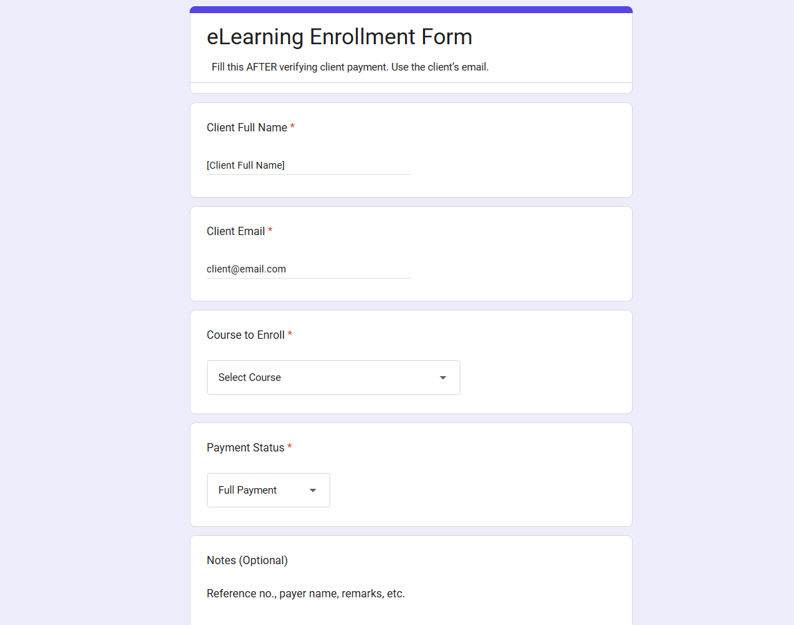 Sanitized eLearning enrollment form with learner, course, payment status, and notes fields