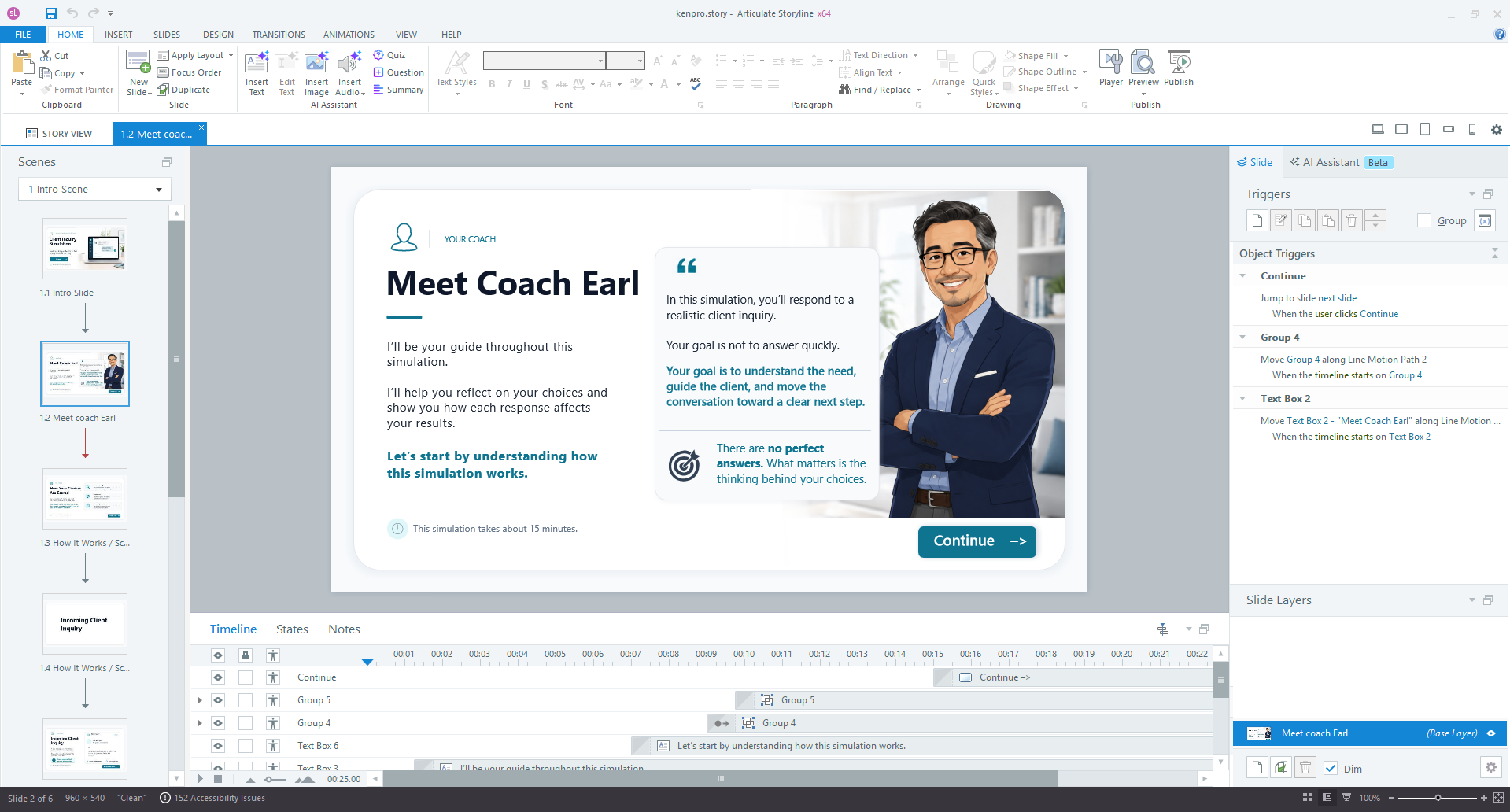 Articulate Storyline authoring workspace for the Meet Coach Earl slide, including the timeline, triggers, layers, and scene thumbnails