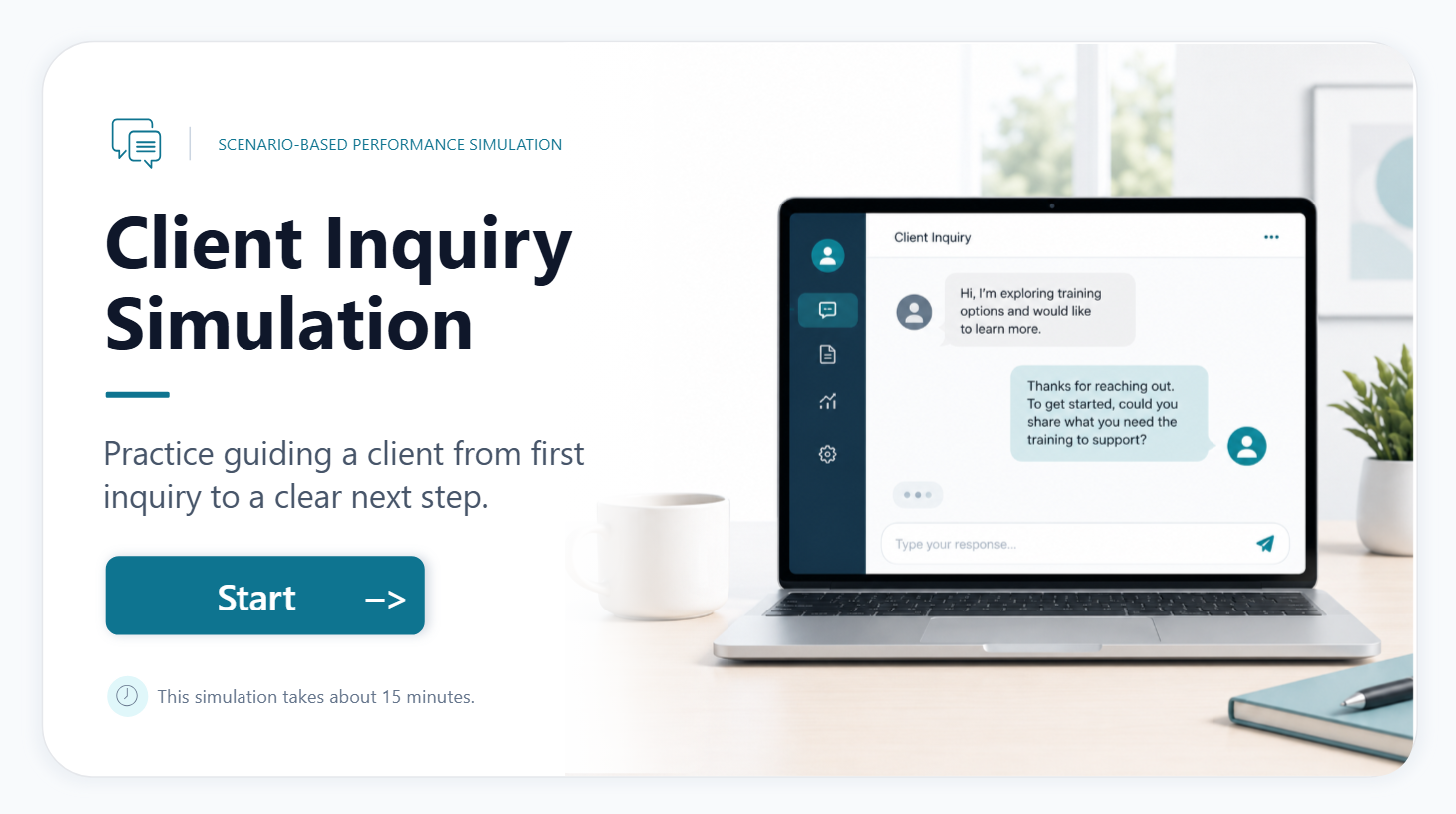 Client Inquiry Simulation opening screen for a scenario-based sales enablement prototype