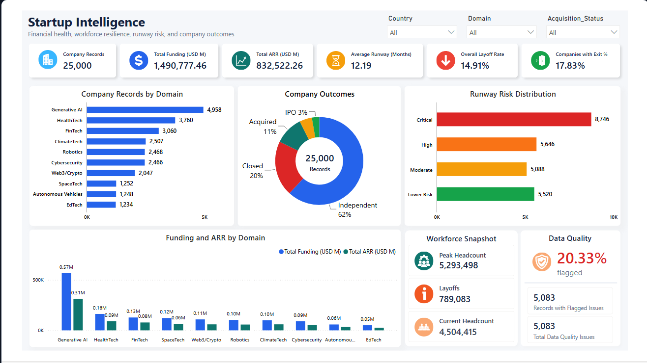Power BI startup portfolio executive dashboard showing financial, runway, workforce, outcome, and data-quality KPIs